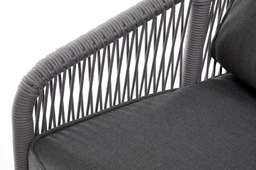 Канны диван 3-местный плетеный из роупа, каркас алюминий белый шагрень, роуп светло-серый круглый, ткань серая