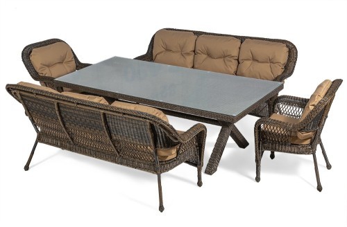 Обеденная группа CROSS MADISON PREMIUM (Кросс Мэдисон) на 8 персон коричневая со столом 220х107 и 2-мя трехместными диванами из искусственного ротанга