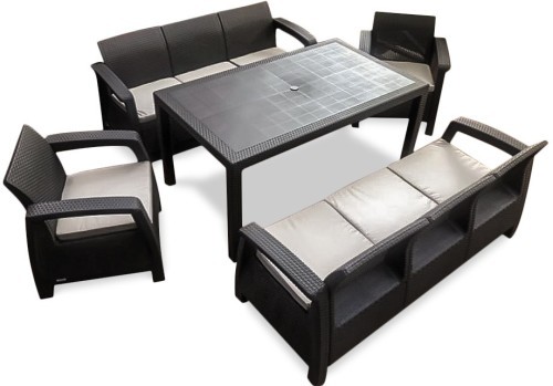 Комплект мебели серии КОРФУ ФИЕСТА ТРИО (Corfu Fiesta Trio) RF коричневый с двумя трехместными диванами и креслами пластиковый под фактуру ротанга