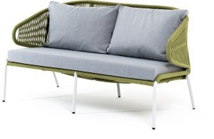 Милан диван 2-местный плетеный из роупа, каркас алюминий светло-серый (RAL7035) шагрень, роуп салатовый меланж круглый, ткань светло-серая