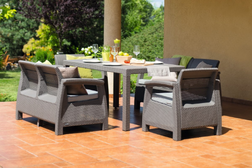 Комплект мебели серии КОРФУ ФИЕСТА (Corfu Fiesta) RF цвет капучино с двумя двухместными диванами и креслами пластиковый под фактуру ротанга