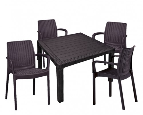 Комплект обеденной группы МЕЛОДИЯ + 4 стула БАЛИ со столом 95х95 (Melody+Bali) из пластика под фактуру искусственного ротанга