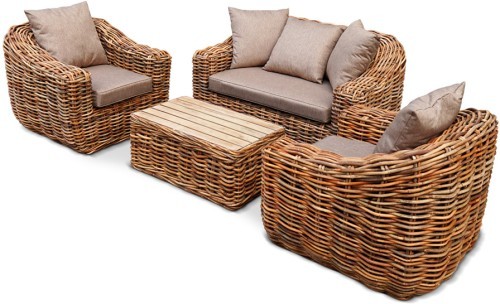 Комплект мебели серии WOODEN NATUR (НАТУР) КМ-2001 на 4 персоны с двухместным диваном из плетеного натурального ротанга