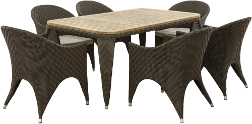 Обеденная зона серии FERUZA (Феруза) со столом 182х102 на 6 персон коричневого цвета из искусственного ротанга и тика