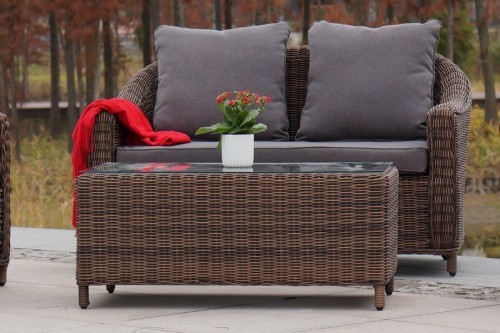 Лаунж зона серии КОН ПАННА коричневая на 4 персоны с двухместным диваном из искусственного ротанга
