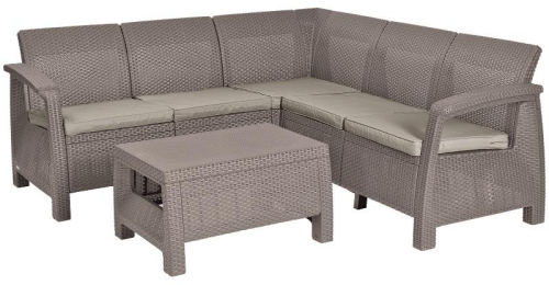 Комплект мебели CORFU RELAX SET (Корфу Релакс Сет) с угловым диваном цвет капучино из пластика под фактуру искусственного ротанга