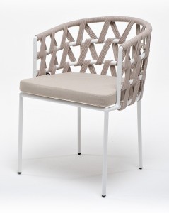 Диего стул плетеный из роупа, каркас из стали светло-серый (RAL7035) шагрень, роуп бежевый круглый, ткань светло-серая