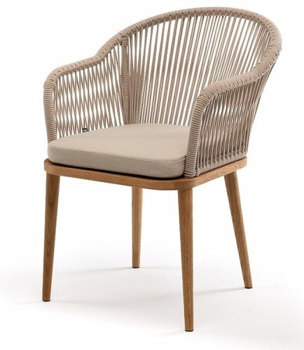 Лион стул плетеный из роупа, основание дуб, роуп бежевый круглый, ткань бежевая 035