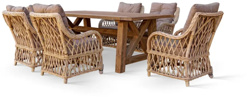 Комплект мебели серии WOODEN NATUR (НАТУР) КМ-2012 со столом 220х100 из тика на 6 персон из плетеного натурального ротанга