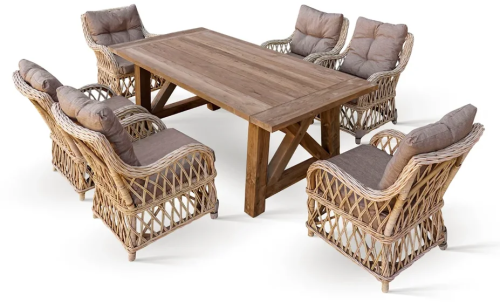 Комплект мебели серии WOODEN NATUR (НАТУР) КМ-2012 со столом 220х100 из тика на 6 персон из плетеного натурального ротанга