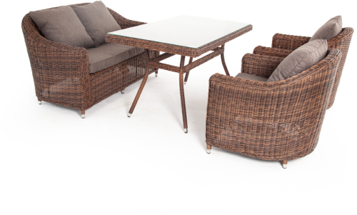 Обеденная группа КОН ПАННА коричневая на 4 персоны с двухместным диваном со столом 140х80 из плетеного искусственного ротанга