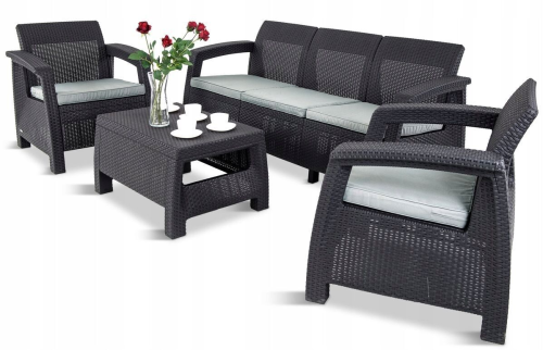 Комплект мебели КОРФУ ТРИПЛ СЕТ (Corfu triple set) RF коричневый с трехместным диваном из пластика под фактуру искусственного ротанга