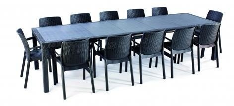 Комплект обеденной группы SIMPHONY (Симфония) + 12 стульев БАЛИ с большим раздвижным столом 166-322х95 пластиковый под фактуру ротанга