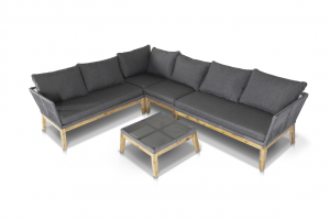 Комплект мебели серии БАРСЕЛОНА угловой на 6 персон со столом 140х80 серый из тика и веревочной нити