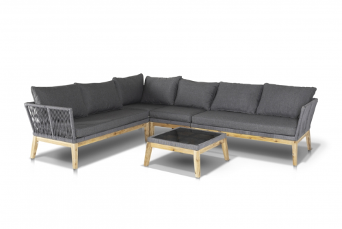 Комплект мебели серии БАРСЕЛОНА угловой на 6 персон со столом 140х80 серый из тика и веревочной нити