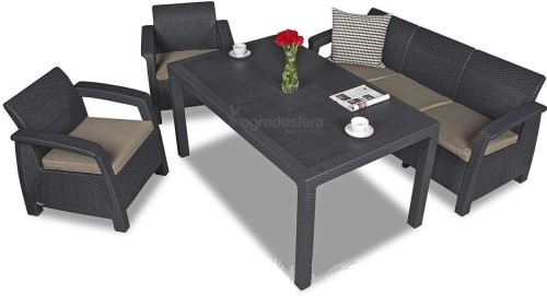 Комплект мебели КОРФУ ТРИПЛ БИГ СЕТ (Corfu big triple set) RF коричневый с трехместным диваном из пластика под фактуру ротанга