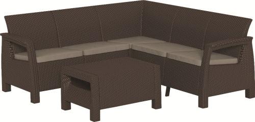Комплект мебели КОРФУ РЕЛАКС (Corfu Relax) коричневый с угловым и двухместным диваном из пластика под фактуру искусственного ротанга