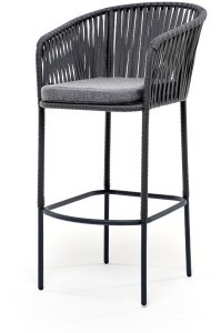 Бордо стул барный плетеный из роупа, каркас из стали серый (RAL7022) муар, роуп серый 15мм, ткань серая 017
