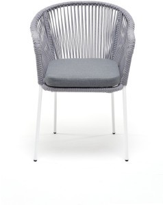 Лион стул плетеный из роупа, каркас из стали белый, роуп светло-серый круглый, ткань светло-серая