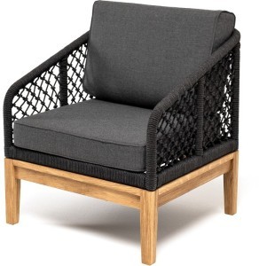 Канны кресло плетеное из роупа (узелки), основание дуб, роуп темно-серый круглый, ткань серая