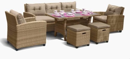 Комплект мебели ДЖУДИ AFM-310B со столом 144х74 на 7 персон и трехместным диваном бежевый из искусственного ротанга