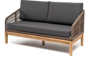 Канны диван 2-местный плетеный из роупа, основание дуб, роуп коричневый круглый, ткань темно-серая 019