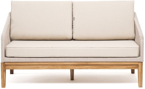 Канны диван 2-местный плетеный из роупа, основание дуб, роуп бежевый круглый, ткань бежевая 035