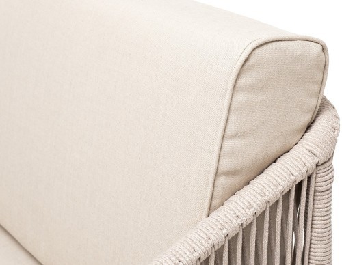 Канны диван 2-местный плетеный из роупа, основание дуб, роуп бежевый круглый, ткань бежевая 035