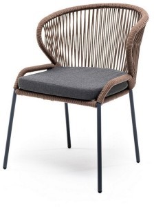 Милан стул плетеный из роупа, каркас алюминий серый (RAL7022), роуп коричневый круглый, ткань темно-серая